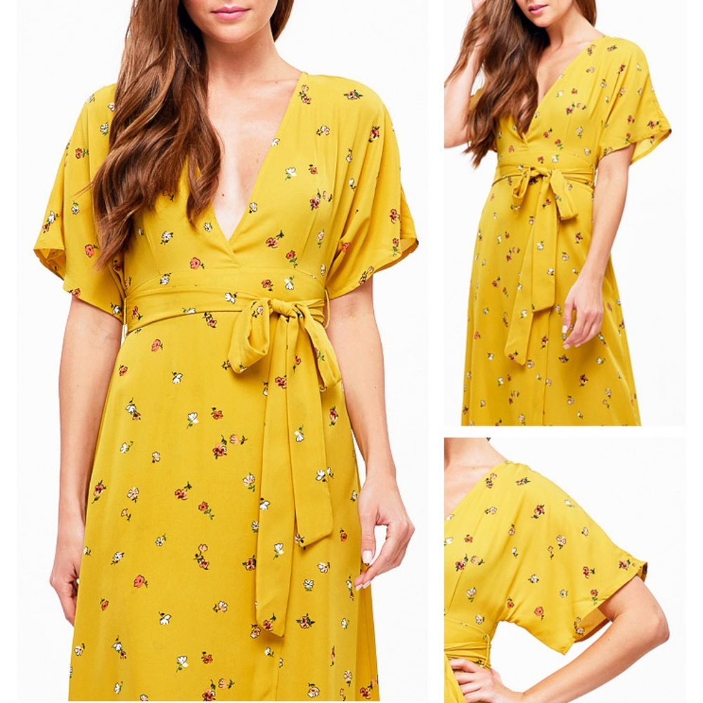 Yellow Plunging V Neck Floral Faux Wrap Maxi Dress - Picture 6 of 8
